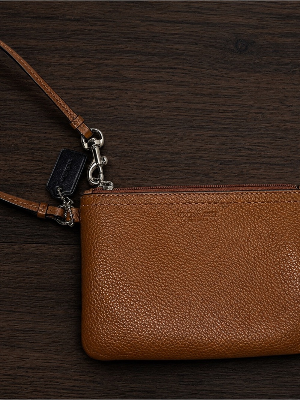 Coach Pebble Leather Zip Wristlet Cognac Brown Detachable Strap Wallet Clutch